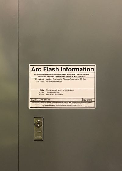 Arc flash information label on electrical equipment